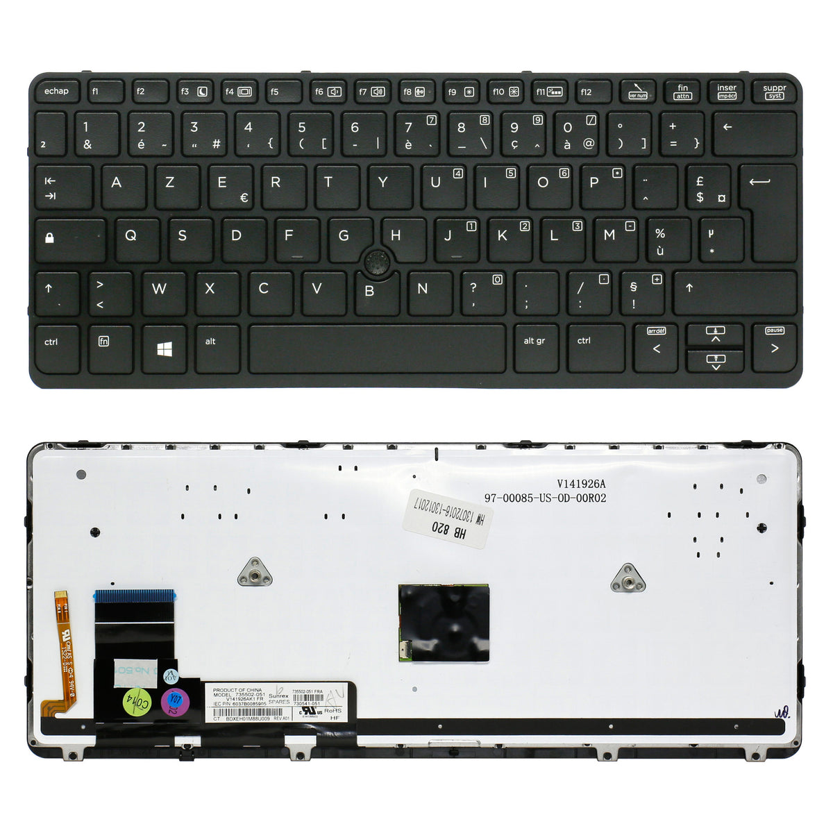 CLAVIER FRANÇAIS AZERTY POUR PC PORTABLE HP ELITEBOOK 720 G1 / 720 G2 / 725 G2 / 820 G1 / 820 G2 + rétro + TRACKPOINT