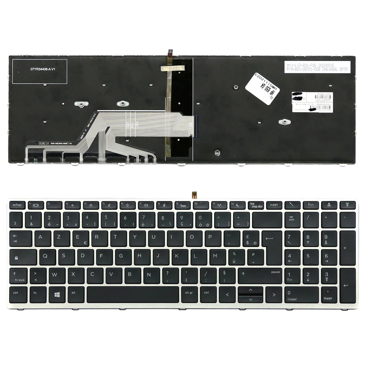 CLAVIER FRANÇAIS AZERTY POUR PC PORTABLE HP PROBOOK 650 G4 / 650 G5 / 450 G5 / 455 G5 / 470 G5 - 6037B0134223 / SN6166BL + rétro