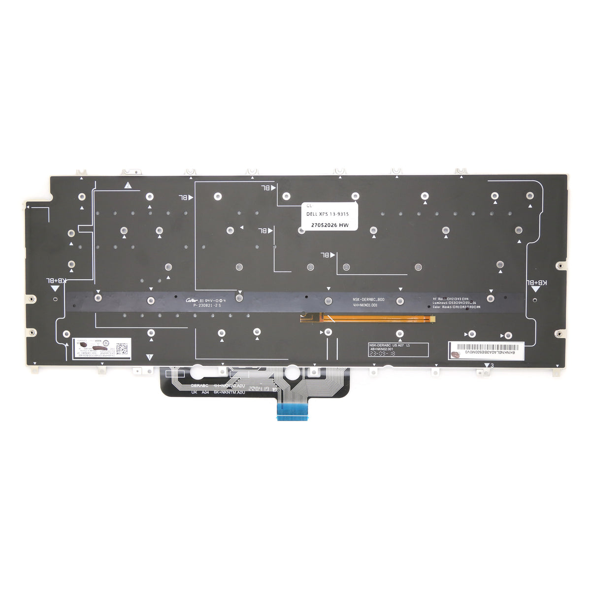 CLAVIER FRANÇAIS AZERTY POUR PC PORTABLE DELL XPS 13 - 9315 - 08HP05 / NSK-DERABC / PK133Q72A17 + rétro